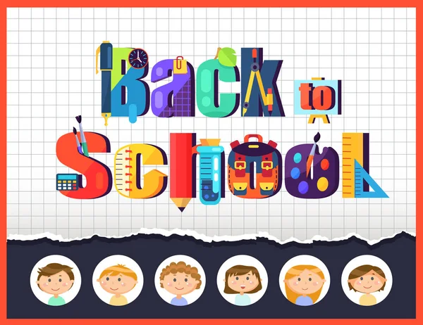 Regreso a la Escuela, Alumnos Niños y Papelería — Vector de stock