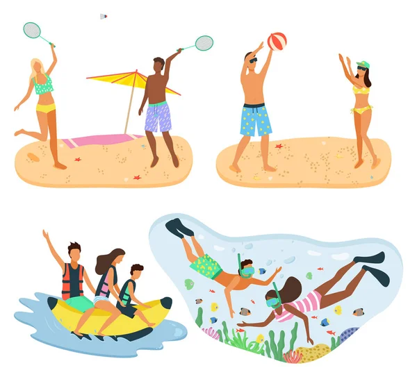 Tennis spelare, volleyboll och Dykning Snorkling — Stock vektor