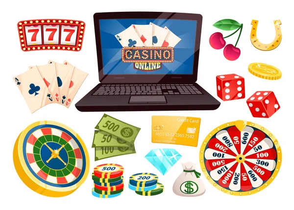 Casino juegos de azar en línea, Ordenador portátil y los iconos del jugador — Vector de stock