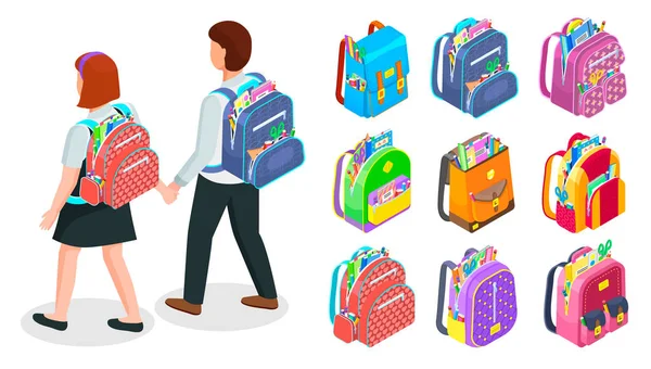 Σετ σχολικές τσάντες γεμάτες με αναλώσιμα διάνυσμα — Διανυσματικό Αρχείο