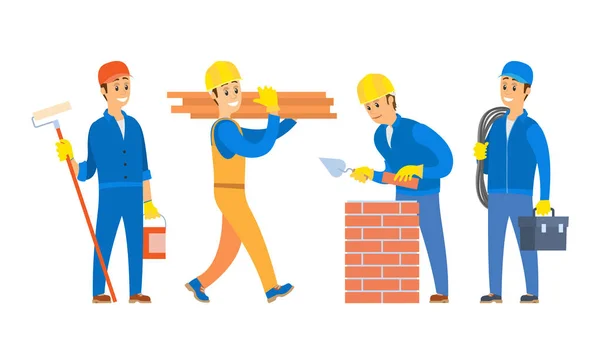 Trabajadores en Construcción de Edificios Conjunto de Personajes — Vector de stock