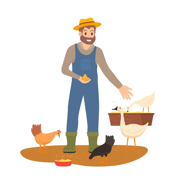 Çiftçi Yem Tavuk ve Kazlar Çiftlik Vektör — Stok Vektör