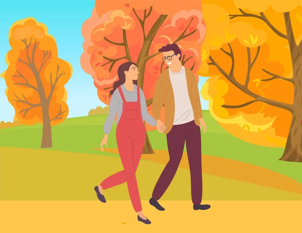 Pareja caminando en el bosque de otoño, follaje del parque — Vector de stock