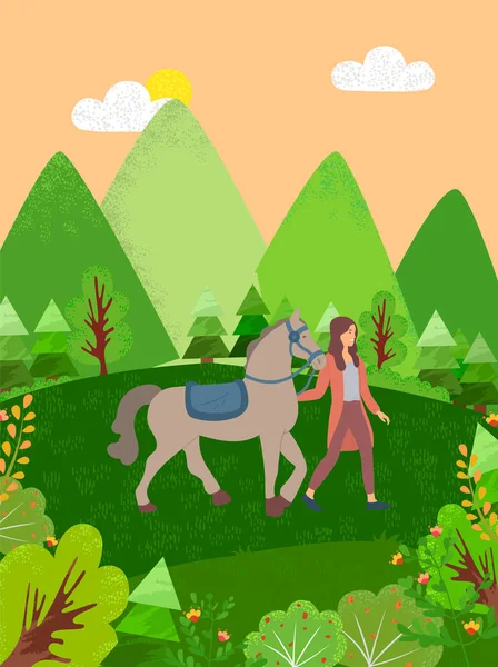 Mujer y Caballo en la Naturaleza, Parque o Granja Forestal — Vector de stock