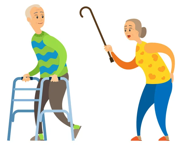 Old Lady with Stick, Angry Woman Yelling at Male — Stock Vector