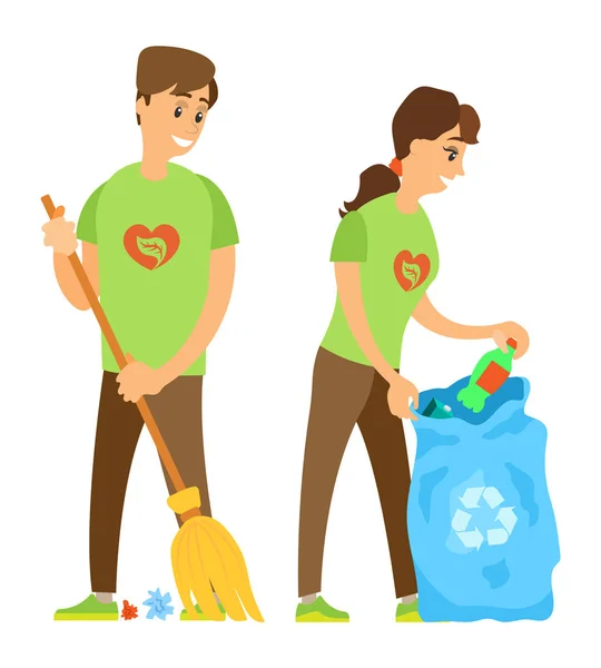 Voluntarios recogiendo basura cuidando la naturaleza — Vector de stock