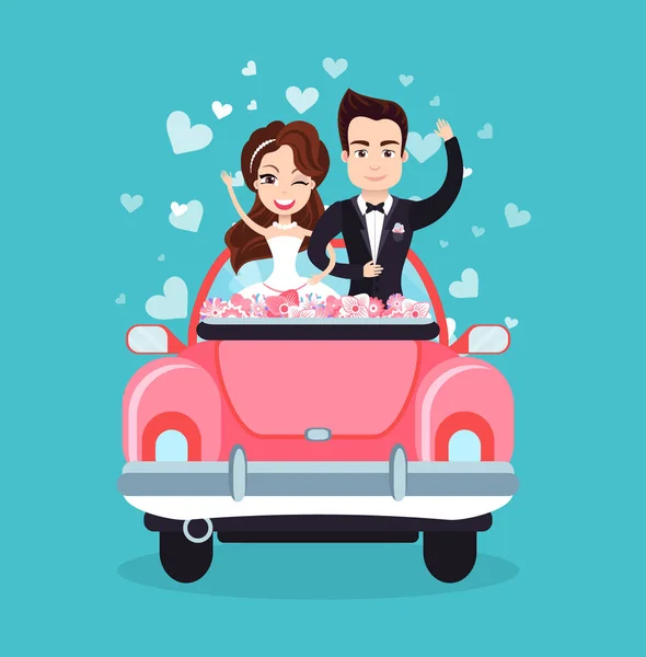 Nowożeńcy para jazda konna samochód machając ręce wektor — Wektor stockowy
