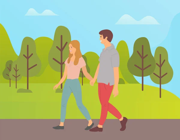 Les adolescents tenant la main Dessins animés Les gens dans le parc — Image vectorielle