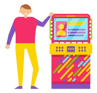 Genç Adam Retro Arcade Oyunu Makine Vektör oynarken