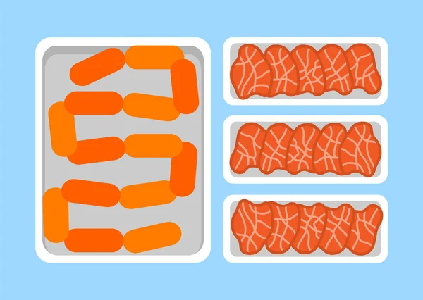 Filetes de carne Productos Ecológicos Frescos en Bandeja de Plástico — Vector de stock