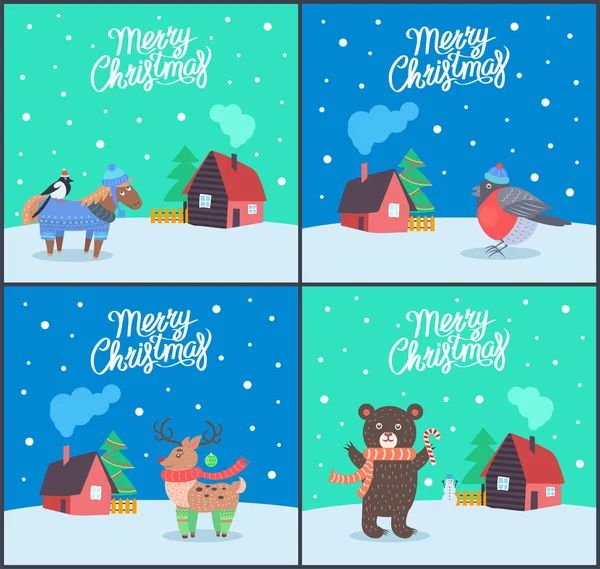 Cartaz de animais de Natal feliz com vetor saudação — Vetor de Stock