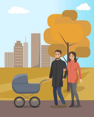 Sonbahar Parkı ve Bebek Arabası ile Çift Yürüyüş