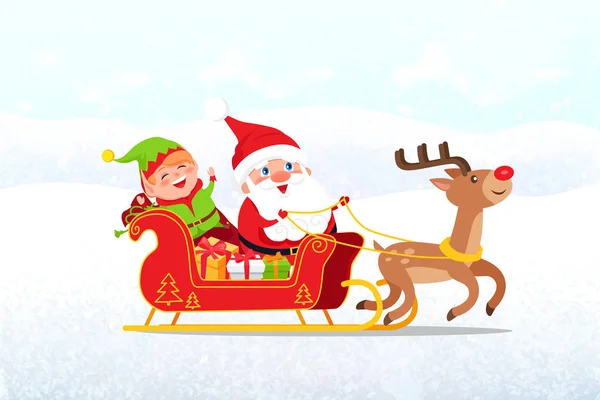 Santa, Elfo montando em Sleigh, desenhado por cervos, Vector —  Vetores de Stock