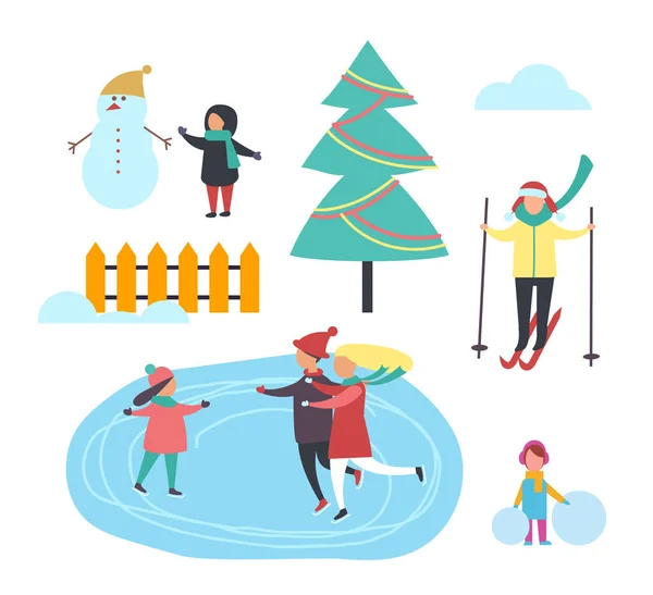 冬季孩子与雪人人设置矢量 — 图库矢量图片