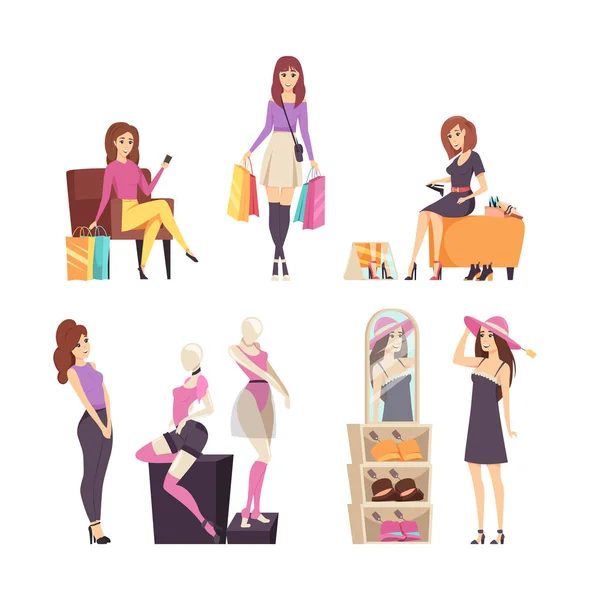 Compras Mujer joven con bolsas Set aislado Vector — Vector de stock