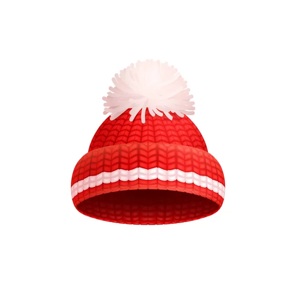 Dzianinowy czerwony kapelusz z białą ikonką pom-pom Vector — Wektor stockowy