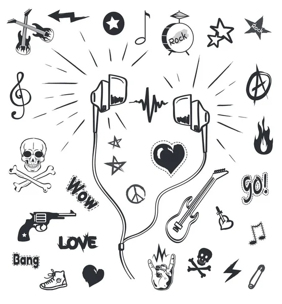 Auriculares musicales, bocetos musicales y símbolos — Vector de stock