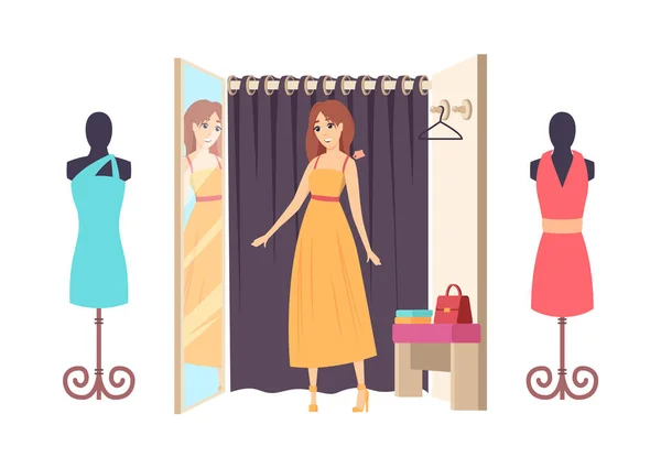 Giyim Mağazası Bayan Alışveriş Sepetinde Kadın Alışverişi — Stok Vektör