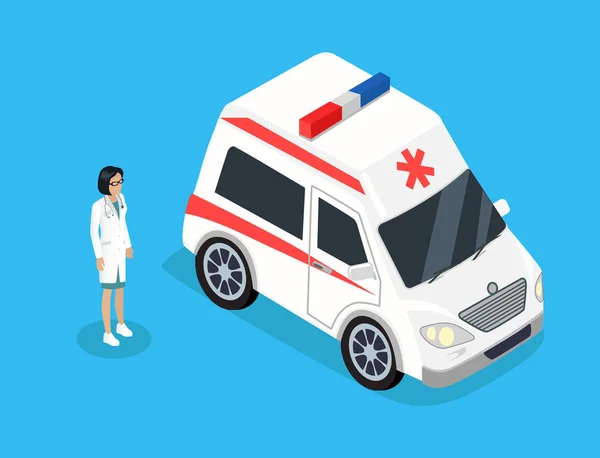 Doctor Woman and Ambulance Vector Illustration — Stock Vector