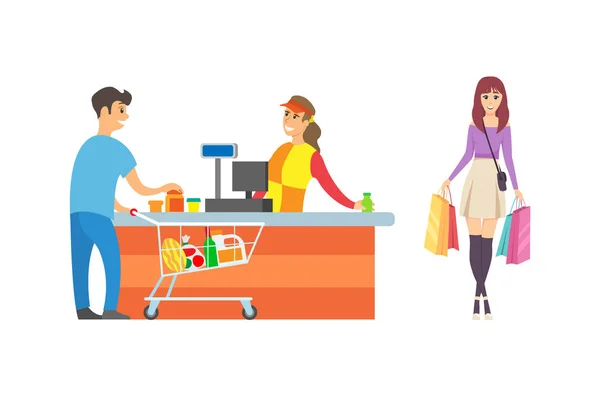 Supermarktkassiererin und Kunden des Ladens — Stockvektor