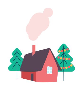 Ev ve Kış Ağaçları Süslenmiş İzole Vektör