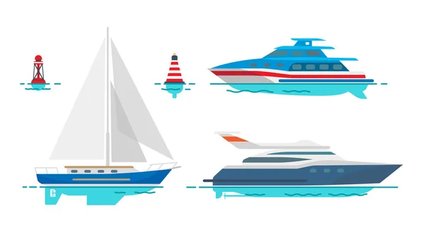 Yachts à moteur modernes et voilier blanc sur l'eau — Image vectorielle