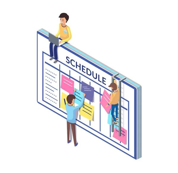 Schedule Board e pessoas trabalhando em sua atualização —  Vetores de Stock