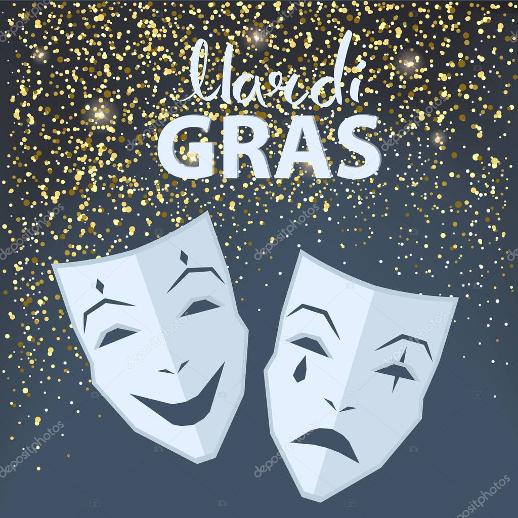 Mardi Gras carnival symbol with white sad and happy masks surrounded by confetti. Vector illustration of festival logo on dark background