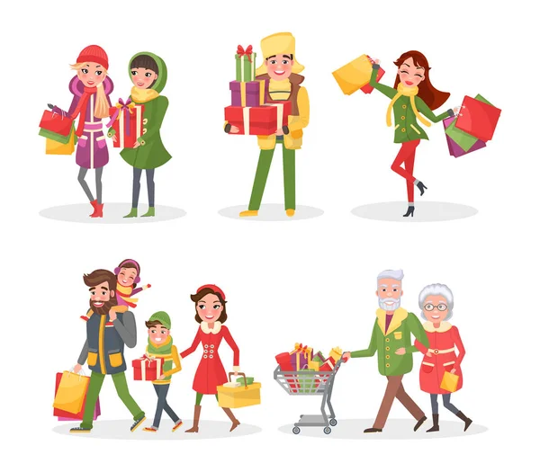 Natal Férias Compras, Família e Amigos —  Vetores de Stock