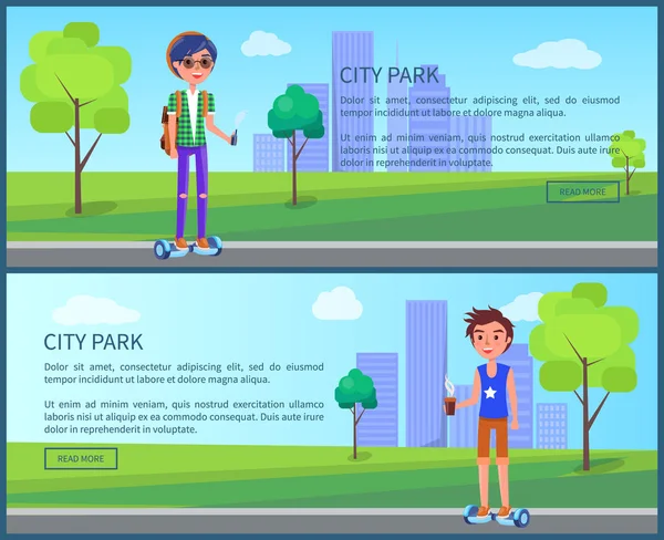 Estudiantes de City Park en Town Posters Set Vector — Vector de stock