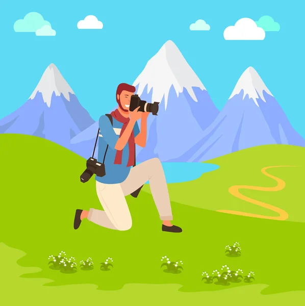 Photographer Shooting Mountains, Photo Vector — Stock Vector