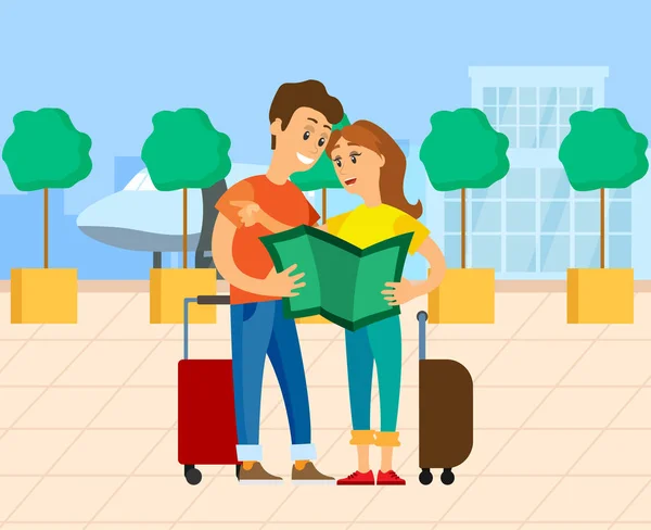 Reisende mit Gepäck und Karte, Flughafenvektor — Stockvektor
