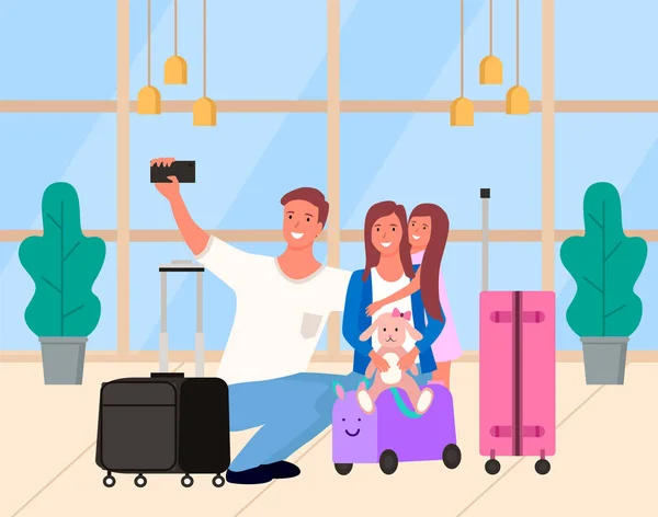 Selfie van ouders met dochter in luchthaven vector — Stockvector