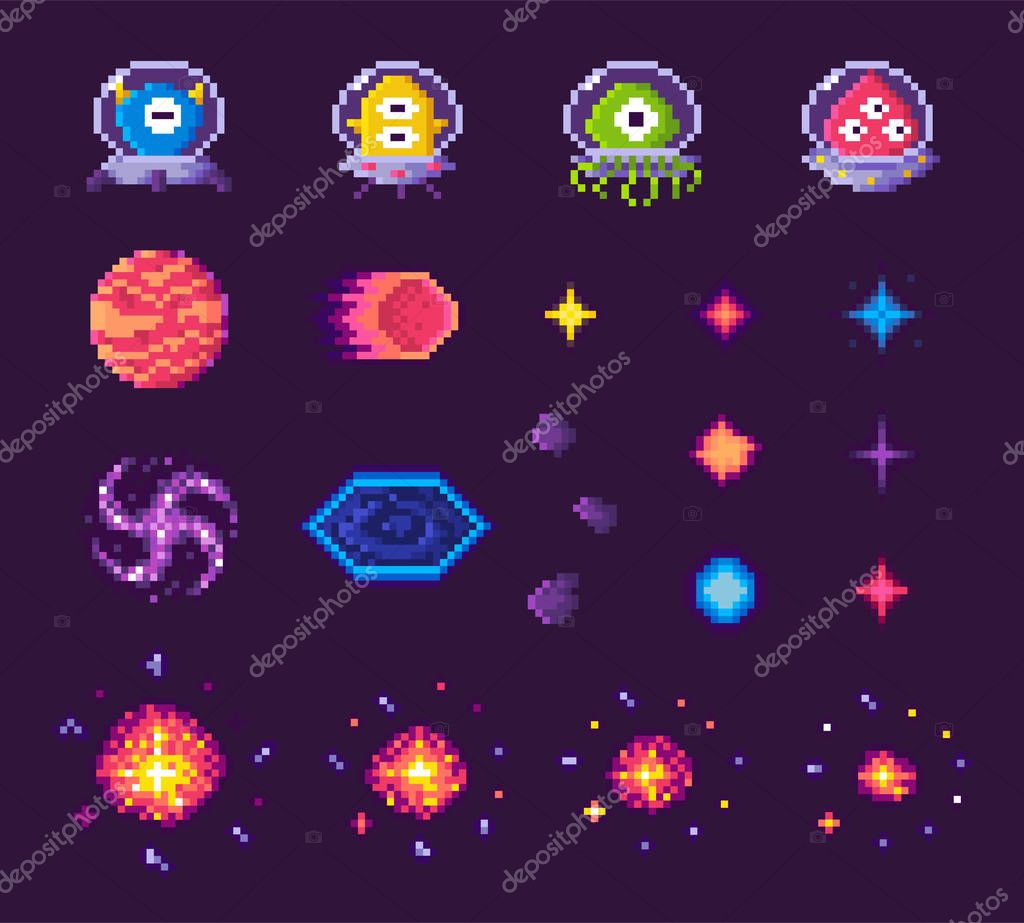 Pixel art game icons vector, 8 bit graphics of retro gaming, aliens of different form and planets, space theme, stars and explosions starry sky flat style, pixelated cosmic object for mobile app games