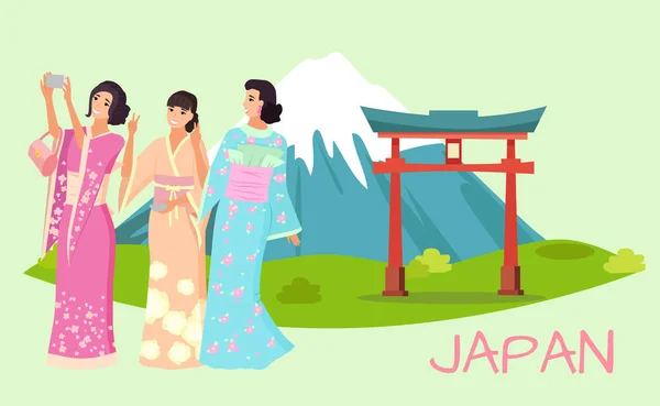 Japanse vrouwen in kimono nemen Foto's vector — Stockvector
