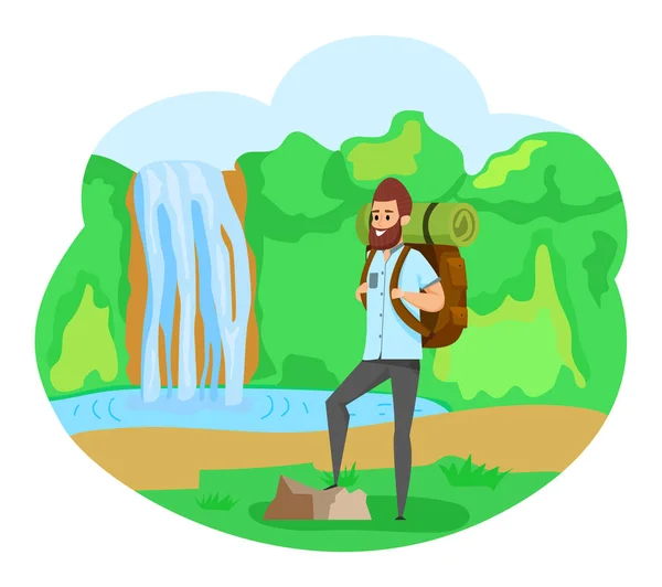 瀑布附近的徒步旅行者， 男性徒步旅行， 爱好矢量 — 图库矢量图片