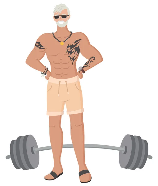 Hipster Grand-père dans la salle de gym, Vieux bodybuilder masculin — Image vectorielle