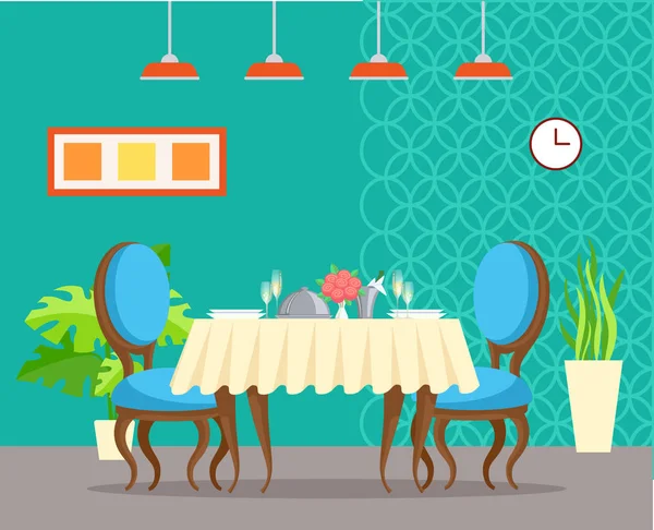 Design elegante da mesa, restaurante azul interior — Vetor de Stock