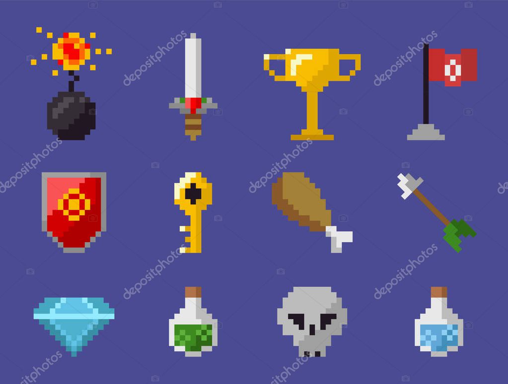 Skull and potion in bottle vector, isolated set of icons from pixel game, bomb and chicken, sword and trophy, shield and key, brilliant and flag arrow, pixelated objects for video-game