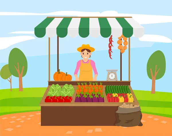 Femme qui vend des produits biologiques au marché vecteur — Image vectorielle