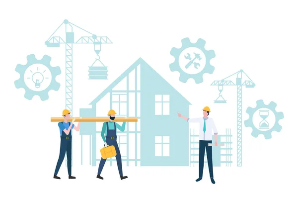 Οικοδομικές κατασκευές σε γρανάζια διαδικασίας και εργάτες — Διανυσματικό Αρχείο