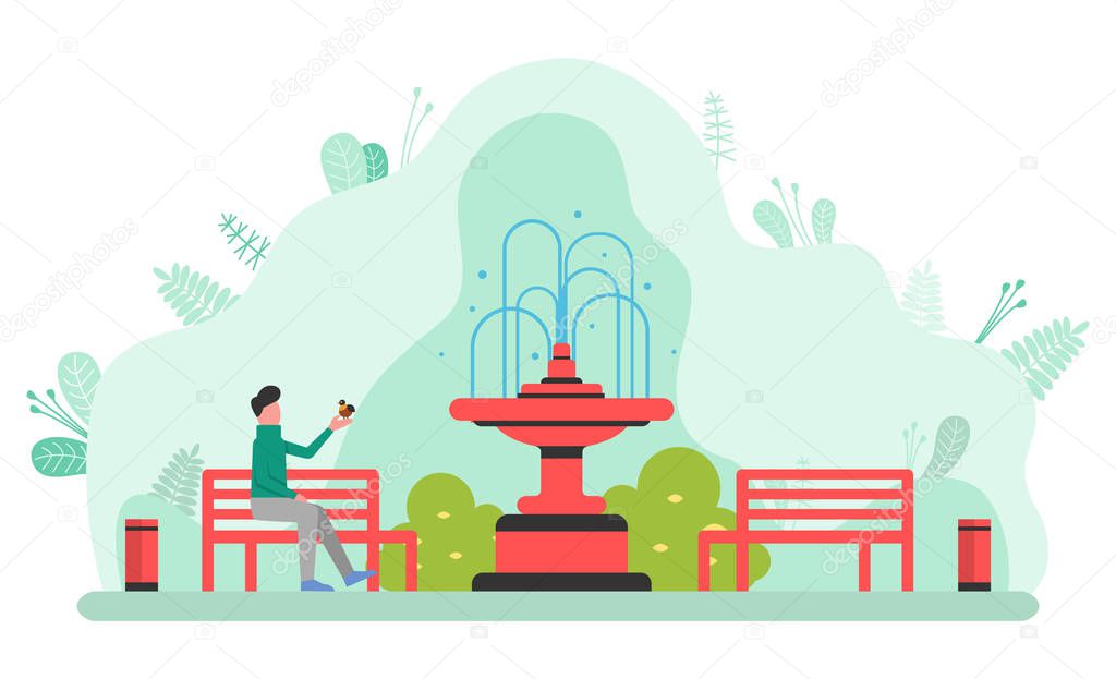 Man Sitting in Park, Male with Bird Bench Vector