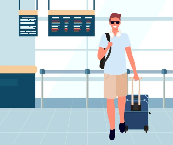 Departure Lounge Vector'da Bagajı Olan Turist — Stok Vektör