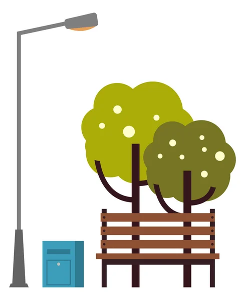 Primavera natureza do parque banco com árvores e lanterna —  Vetores de Stock