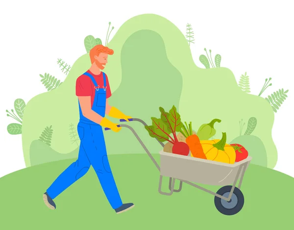 Exploitant agricole utilisant un chariot pour transporter des légumes — Image vectorielle