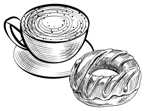 Schizzo della bevanda di caffè e del vettore del dessert della ciambella — Vettoriale Stock