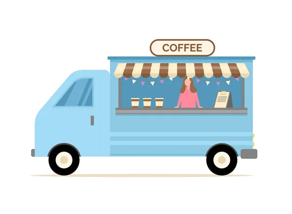 Kaffee-LKW mit Verkäufer, Heißgetränke Shop Vektor — Stockvektor
