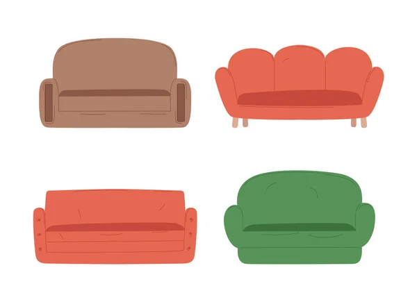 Μαλακά έπιπλα, πολύχρωμα καθίσματα, διάνυσμα σετ καναπέ — Διανυσματικό Αρχείο