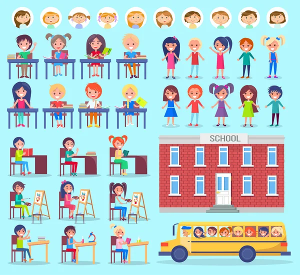 Κορίτσια και αγόρια αυτοκόλλητα, σχολείο και λεωφορείο διάνυσμα — Διανυσματικό Αρχείο