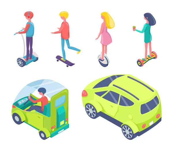 Gente conduciendo en Eco Cars y juegos de tablas de montar — Archivo Imágenes Vectoriales